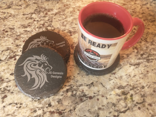 Slate coasters with our super cool logo